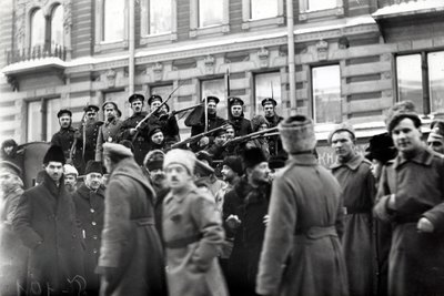 Revolutionary soldiers and sailors in the streets of Petrograd, February 1917 by Russian Photographer